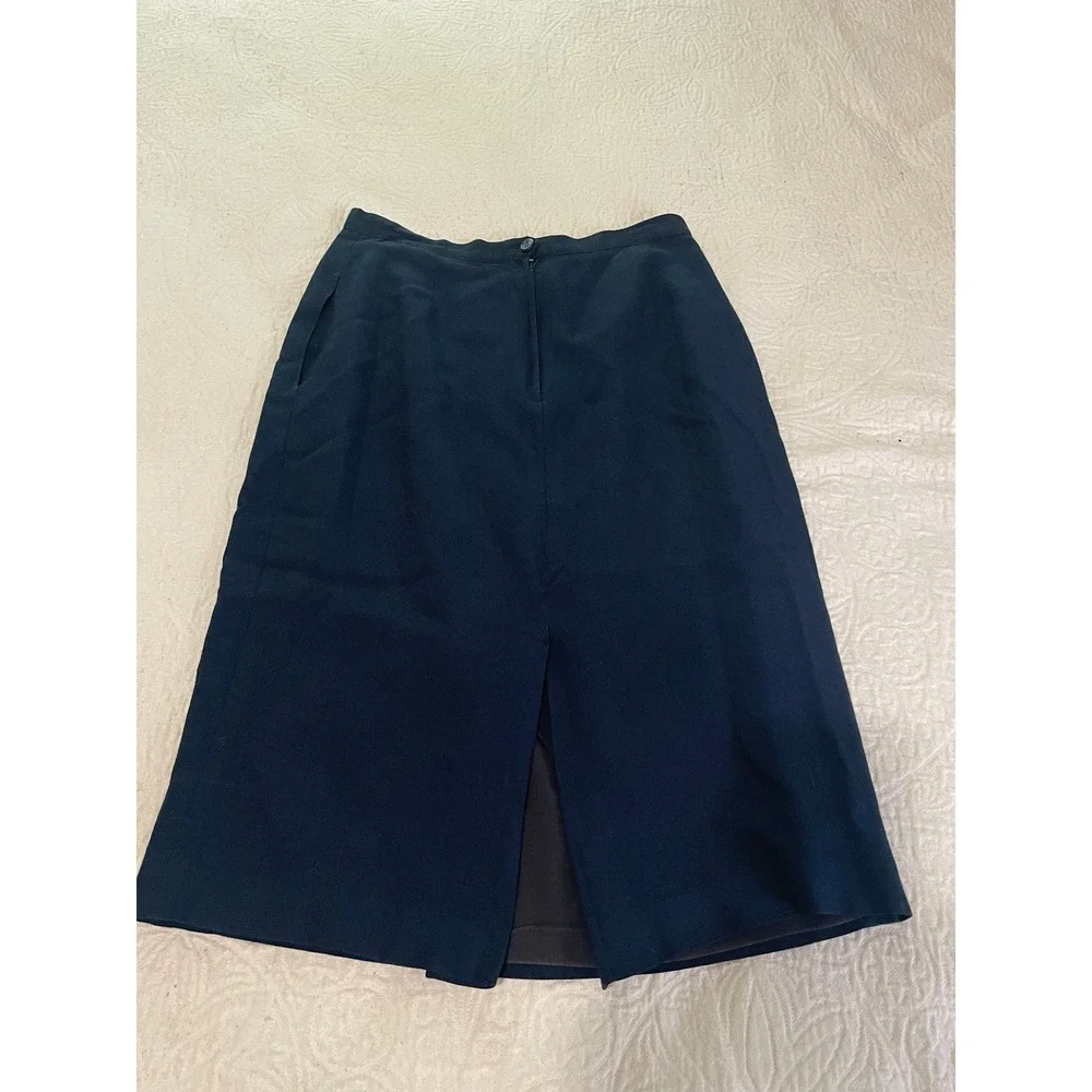 Vintage Navy Blue‎ Linen Blend Midi Skirt High Waisted Back Slit Size 10 Pockets